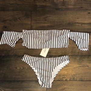 Striped off the shoulder bathing suit